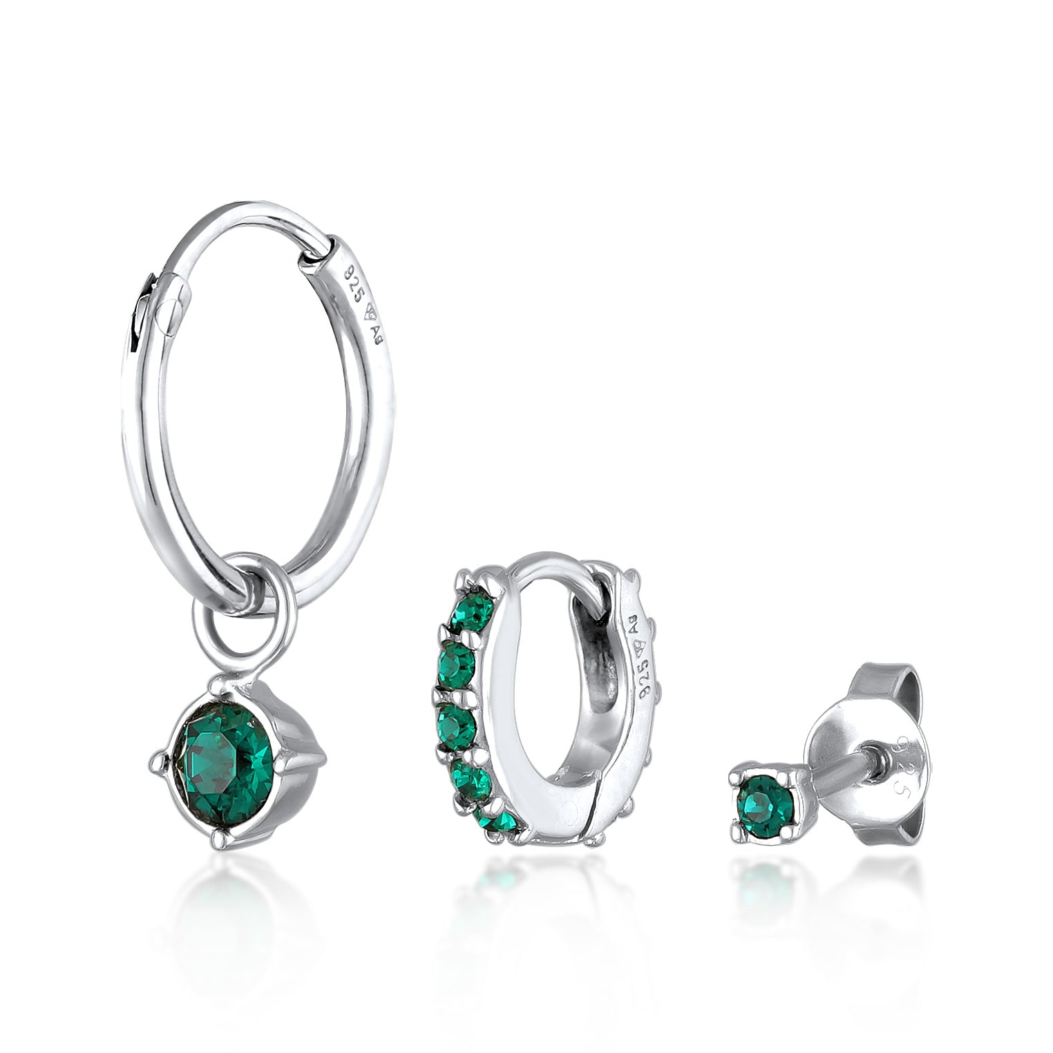 Green Perhiasan Wanita Perak Asli - Silver Anting Set Creoles Stud Crystal Green