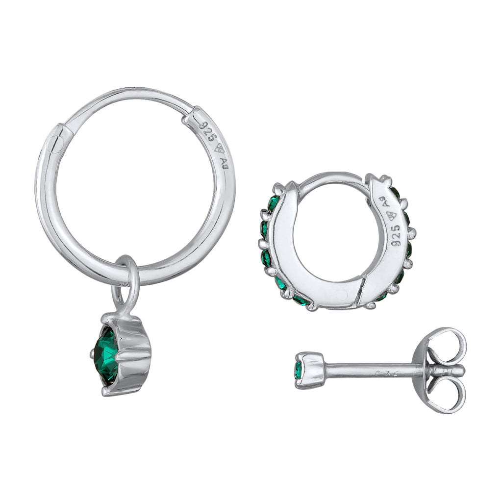 Green Perhiasan Wanita Perak Asli - Silver Anting Set Creoles Stud Crystal Green