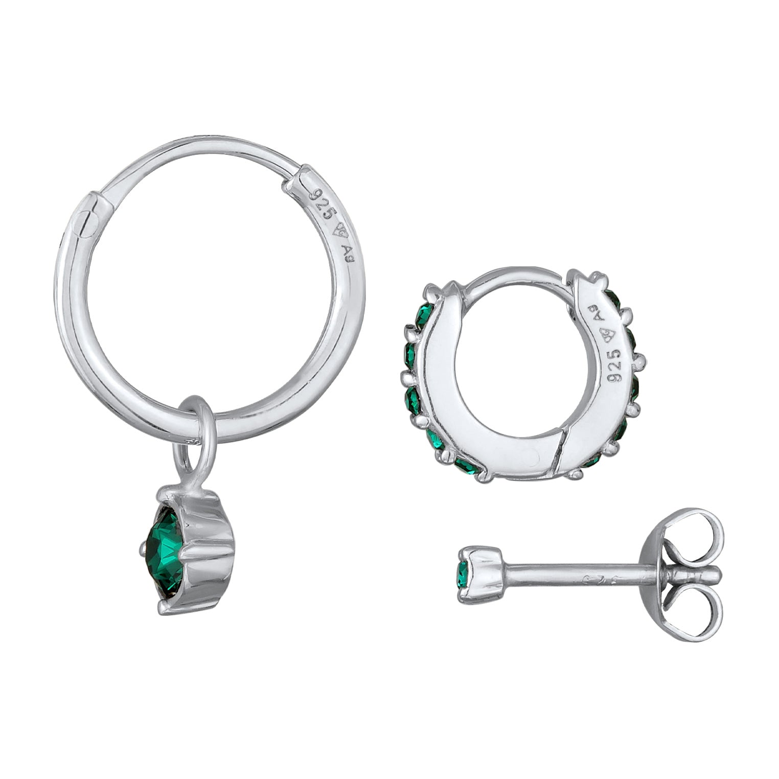 Green Perhiasan Wanita Perak Asli - Silver Anting Set Creoles Stud Crystal Green
