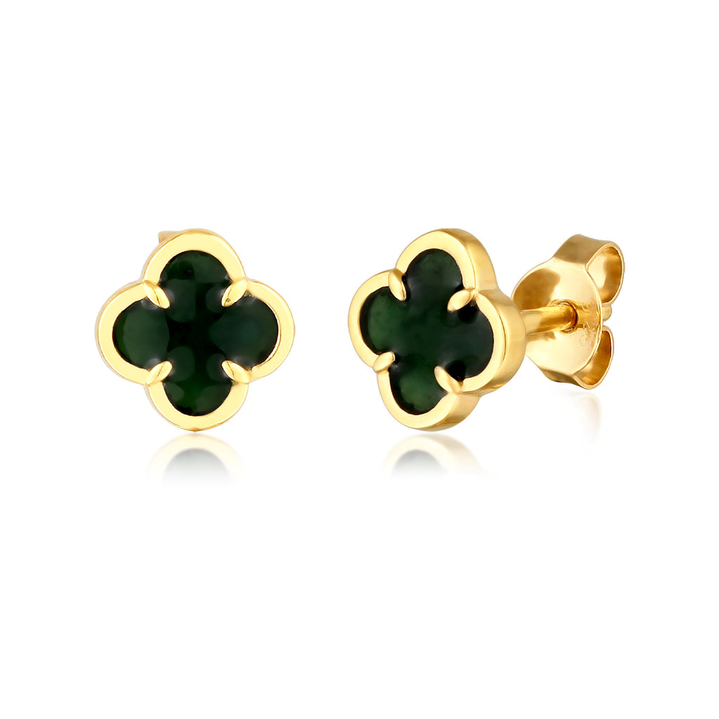 Cloverleaf Stud Earrings 925 Silver Gold Plated Green Enamel