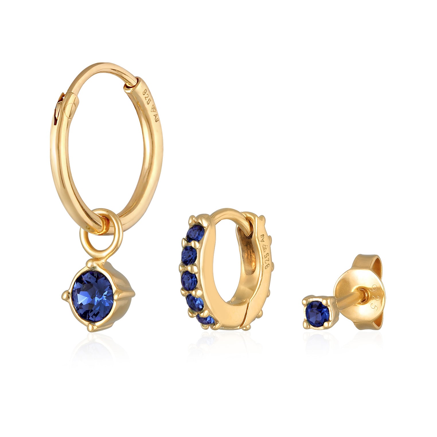 Blue Perhiasan Wanita Perak Asli Lapis Emas Anting Set Creoles Stud Crystal Blue
