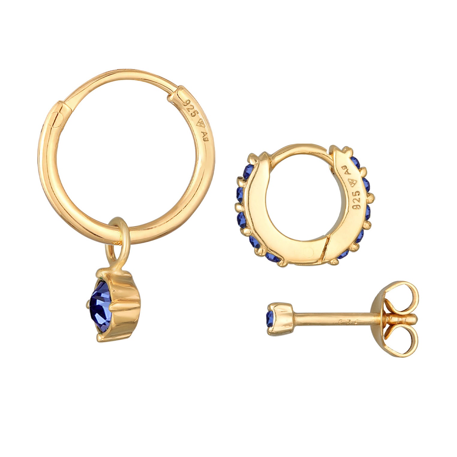 Blue Perhiasan Wanita Perak Asli Lapis Emas Anting Set Creoles Stud Crystal Blue