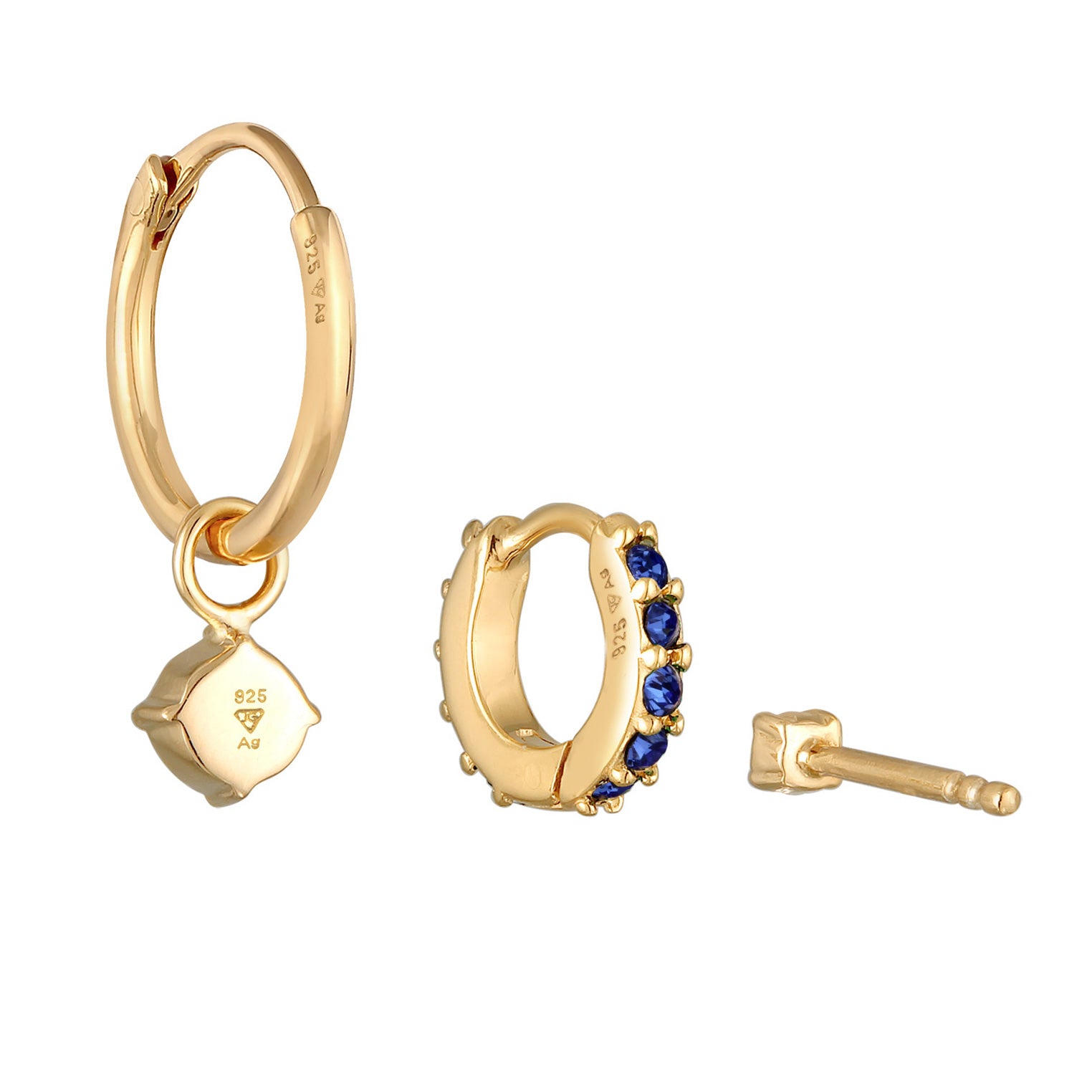 Blue Perhiasan Wanita Perak Asli Lapis Emas Anting Set Creoles Stud Crystal Blue