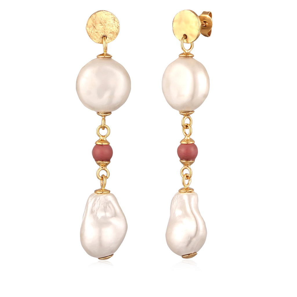 Gold Anting Perhiasan Perak 925 Wanita Ball dengan Shell Pearl dan Rhodonite Gold Plated