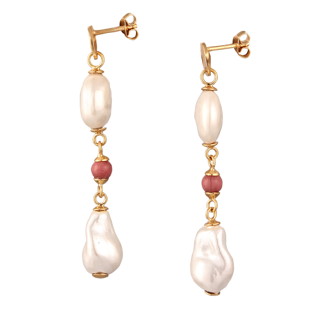 Gold Anting Perhiasan Perak 925 Wanita Ball dengan Shell Pearl dan Rhodonite Gold Plated