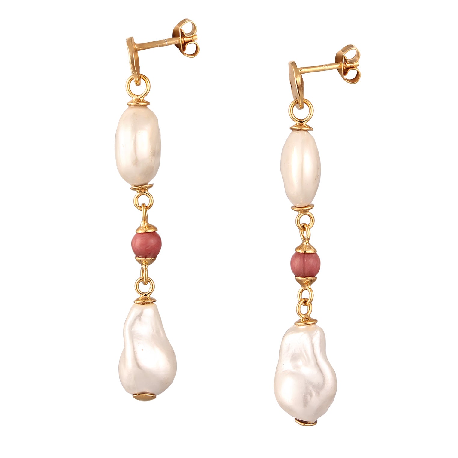 Gold Anting Perhiasan Perak 925 Wanita Ball dengan Shell Pearl dan Rhodonite Gold Plated