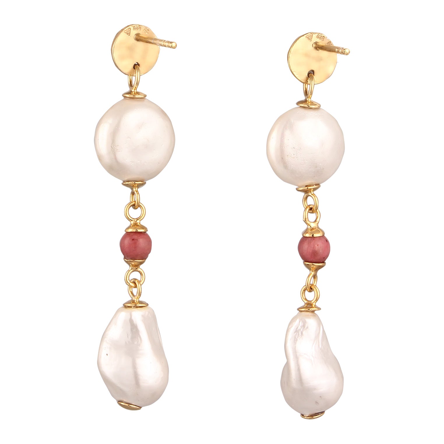 Gold Anting Perhiasan Perak 925 Wanita Ball dengan Shell Pearl dan Rhodonite Gold Plated