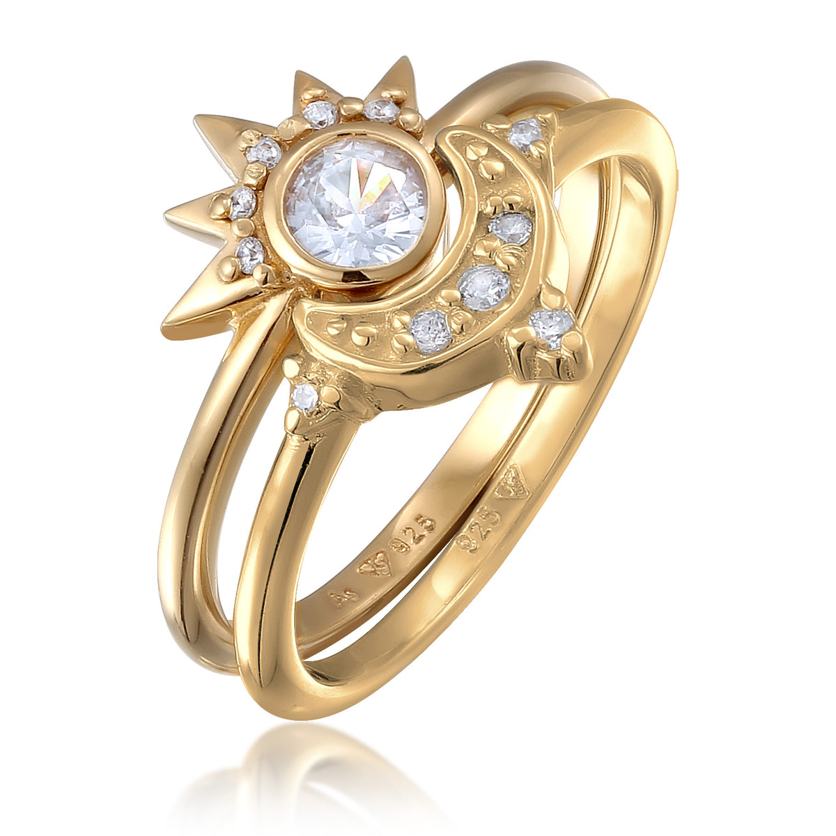 Ring Set Star Moon Zirconia Crystals White 925 Sterling Silver Gold Plated