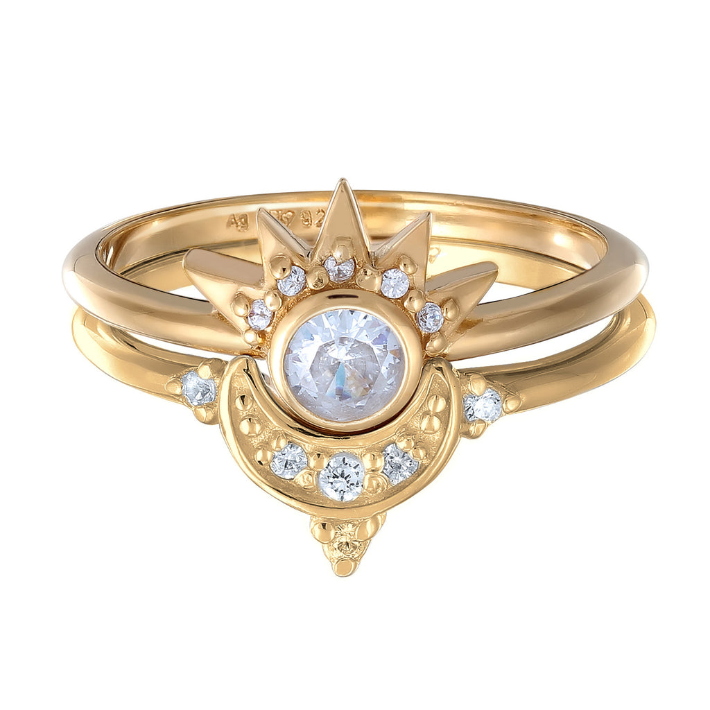 Zirconia Celestial Ring Set 925 Silver Gold Plated
