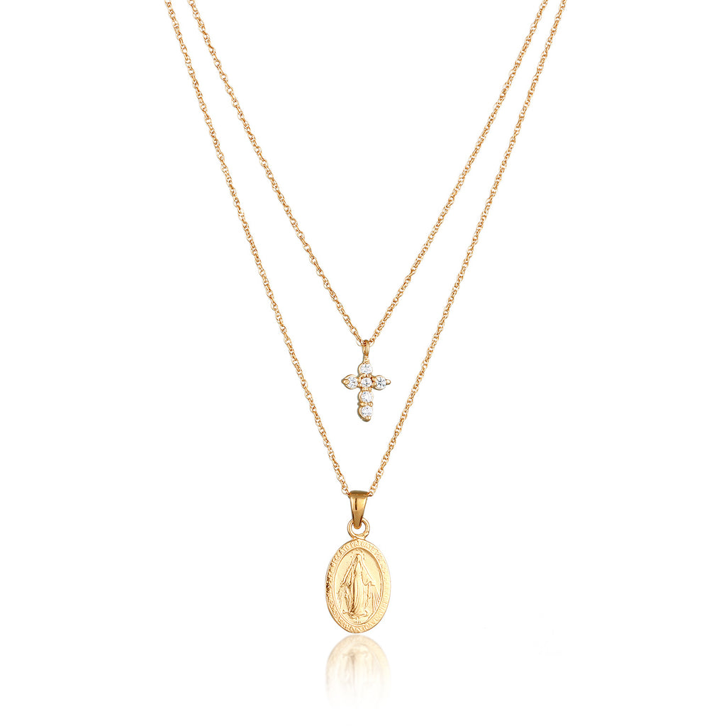Gold Perhiasan Wanita Perak Asli Lapis Emas Kalung Cross Layer Zirconia