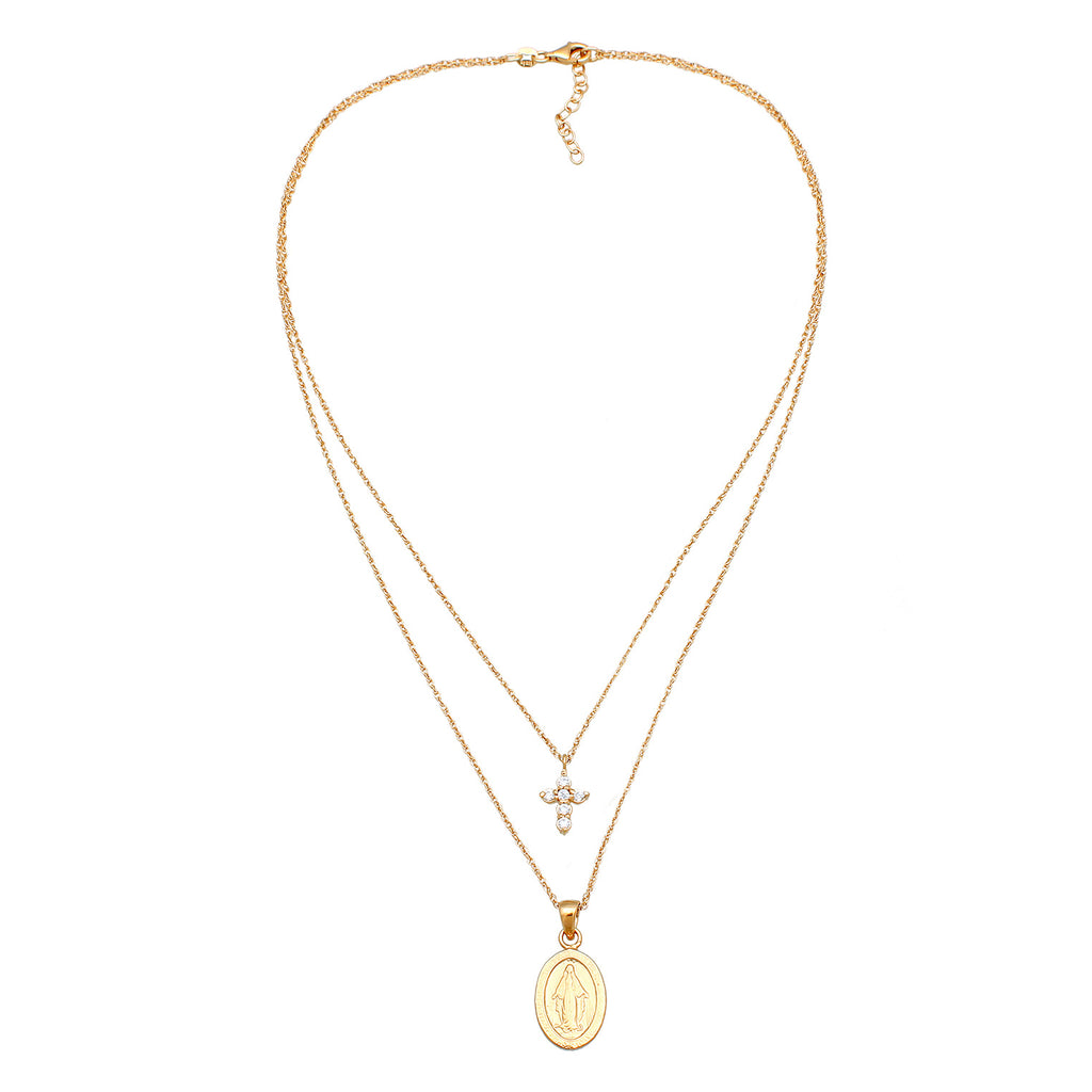 Gold Perhiasan Wanita Perak Asli Lapis Emas Kalung Cross Layer Zirconia