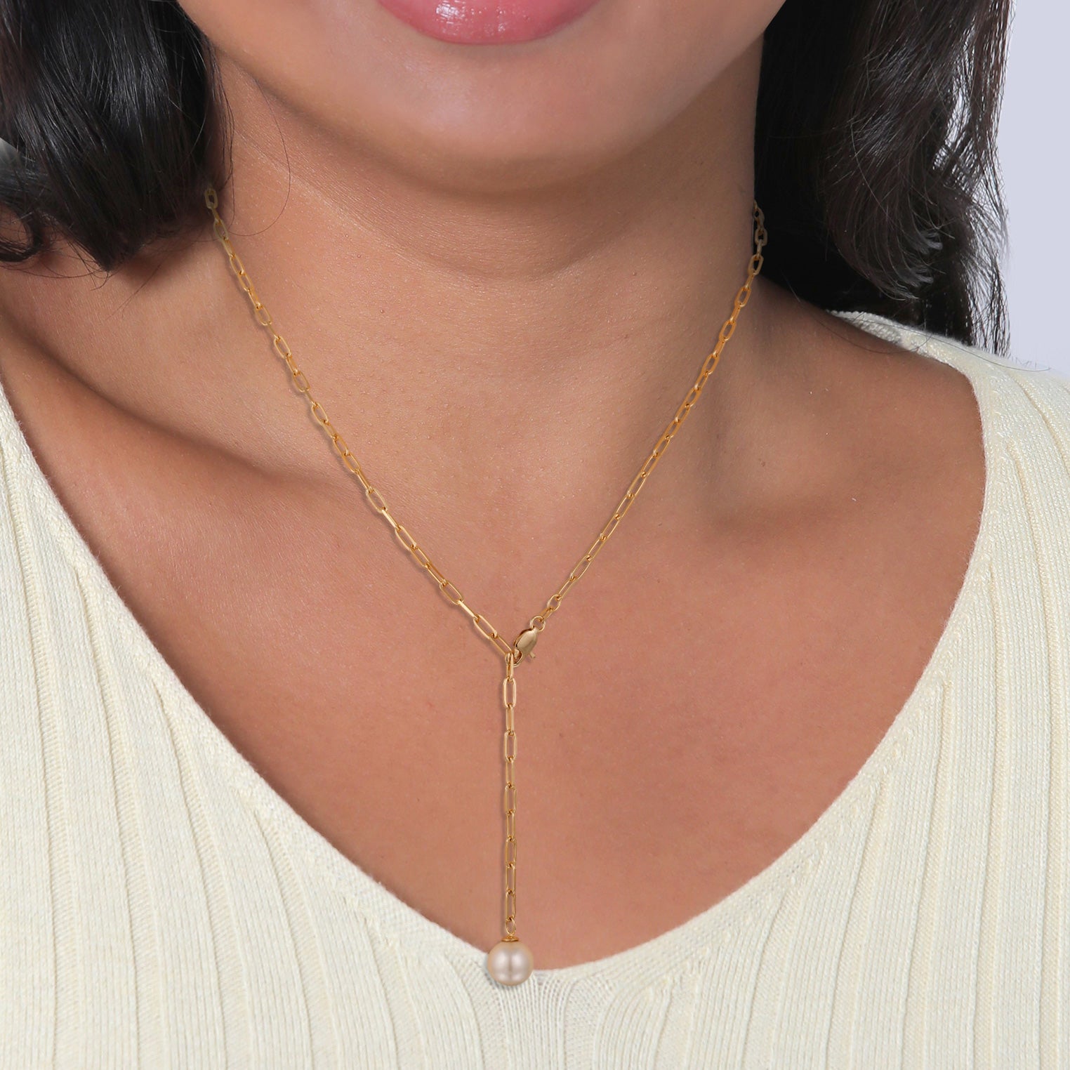Gold Kalung Perhiasan Perak 925 Wanita Y Ball Synthetic Pearl Gold Plated