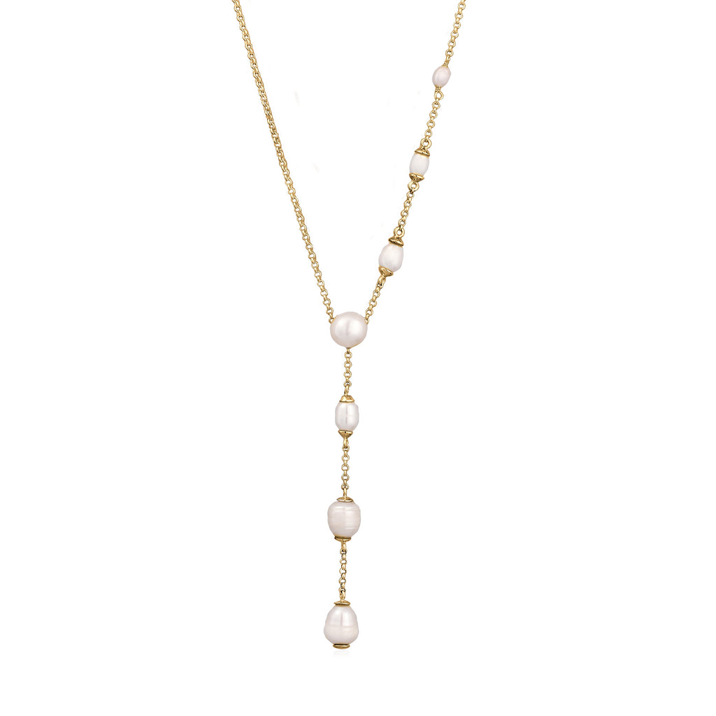 Gold Perhiasan Wanita Perak Asli Lapis Emas Kalung Y Pearls Cultured Freshwater Pearls