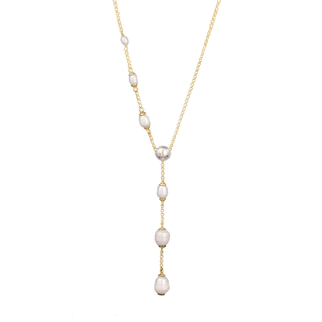 Gold Perhiasan Wanita Perak Asli Lapis Emas Kalung Y Pearls Cultured Freshwater Pearls