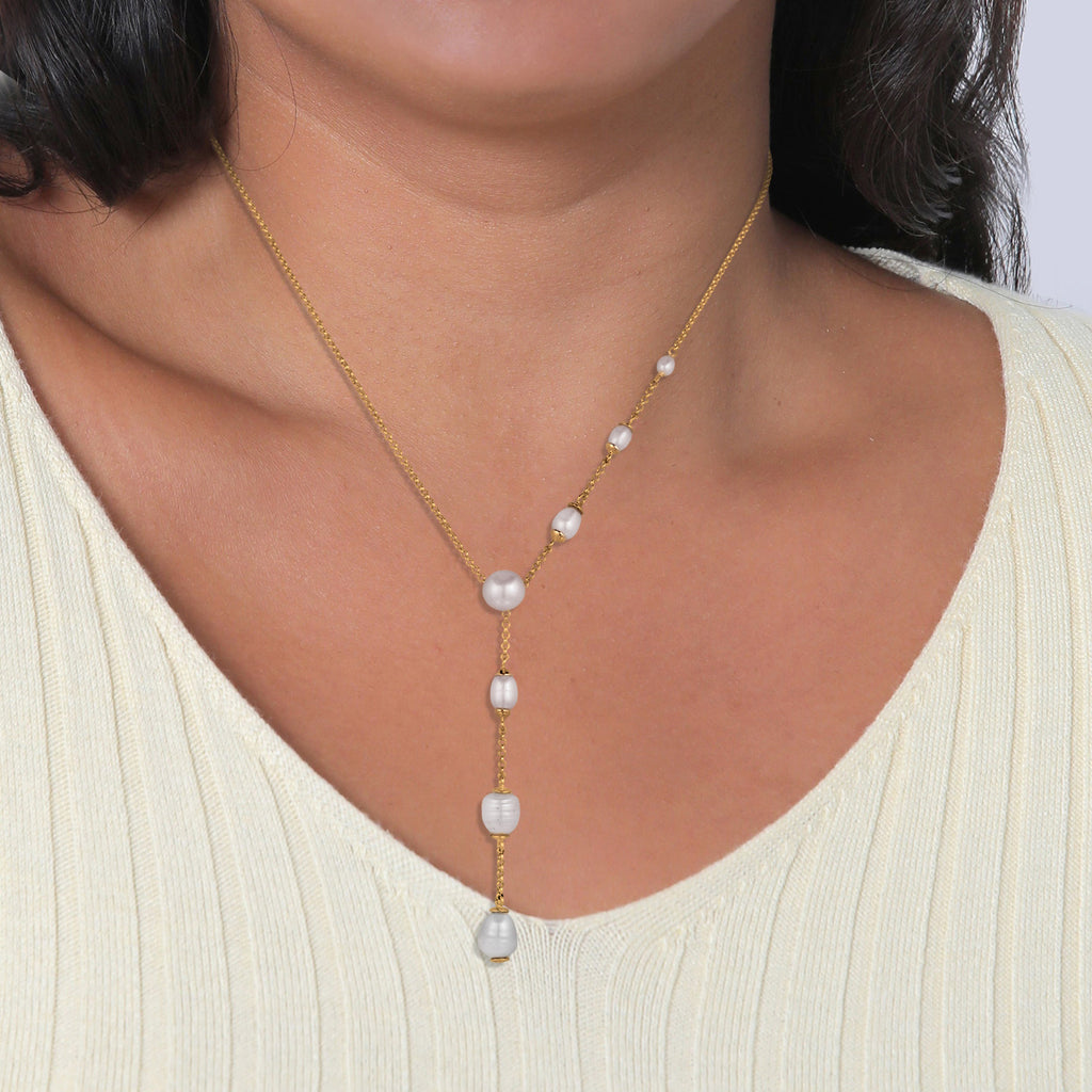 Gold Perhiasan Wanita Perak Asli Lapis Emas Kalung Y Pearls Cultured Freshwater Pearls