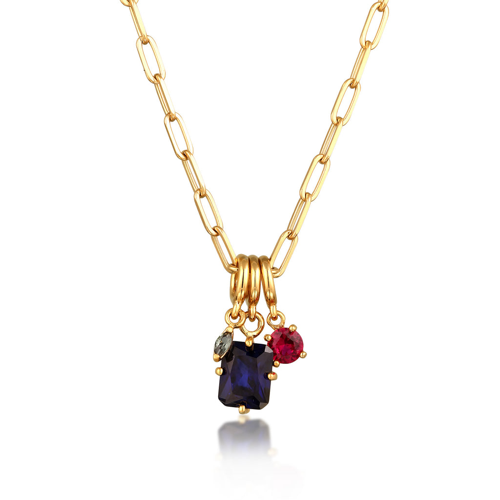 Gold Kalung Perhiasan Perak 925 Wanita Square Sapphire Tourmaline and Ruby Gold Plated