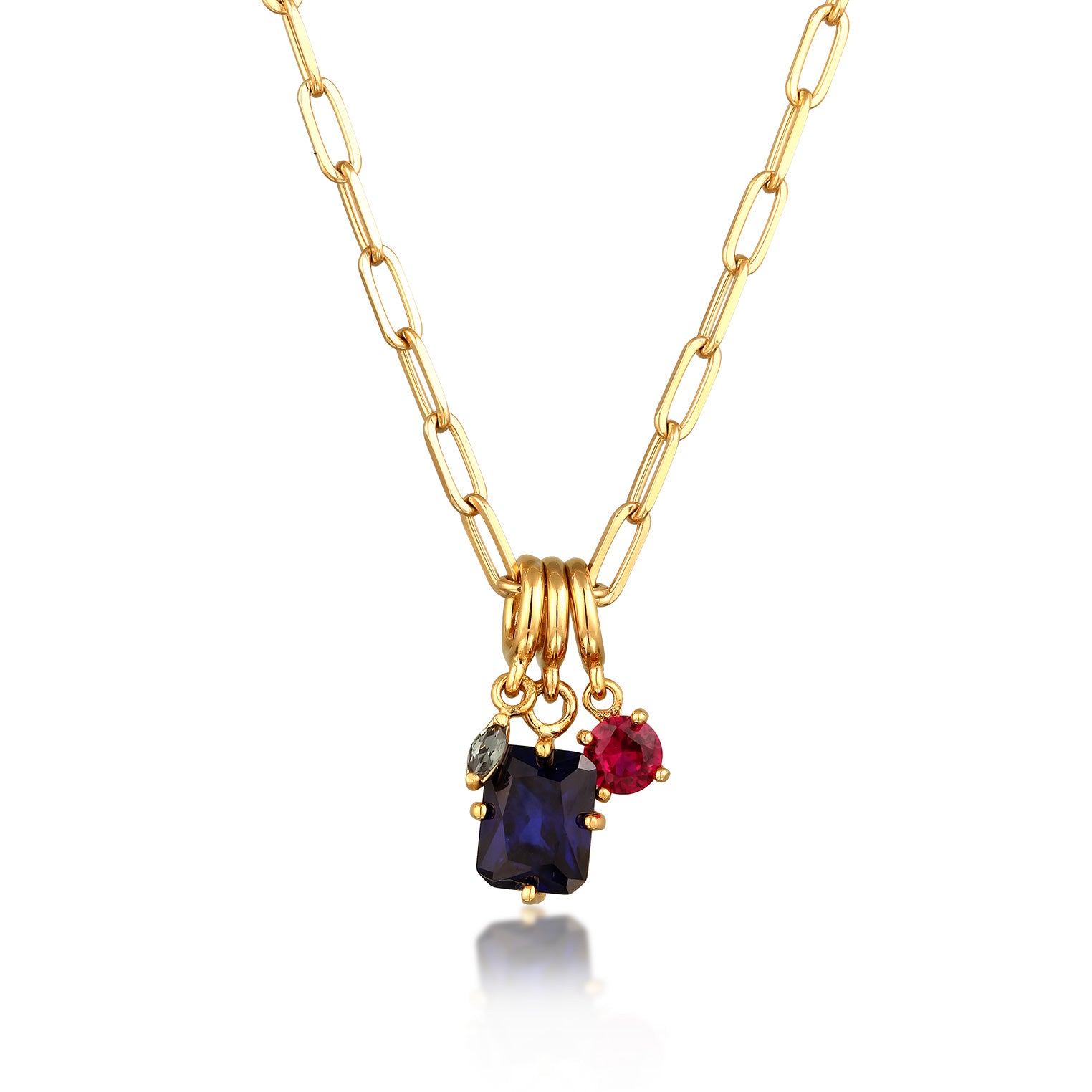 Gold Kalung Perhiasan Perak 925 Wanita Square Sapphire Tourmaline and Ruby Gold Plated