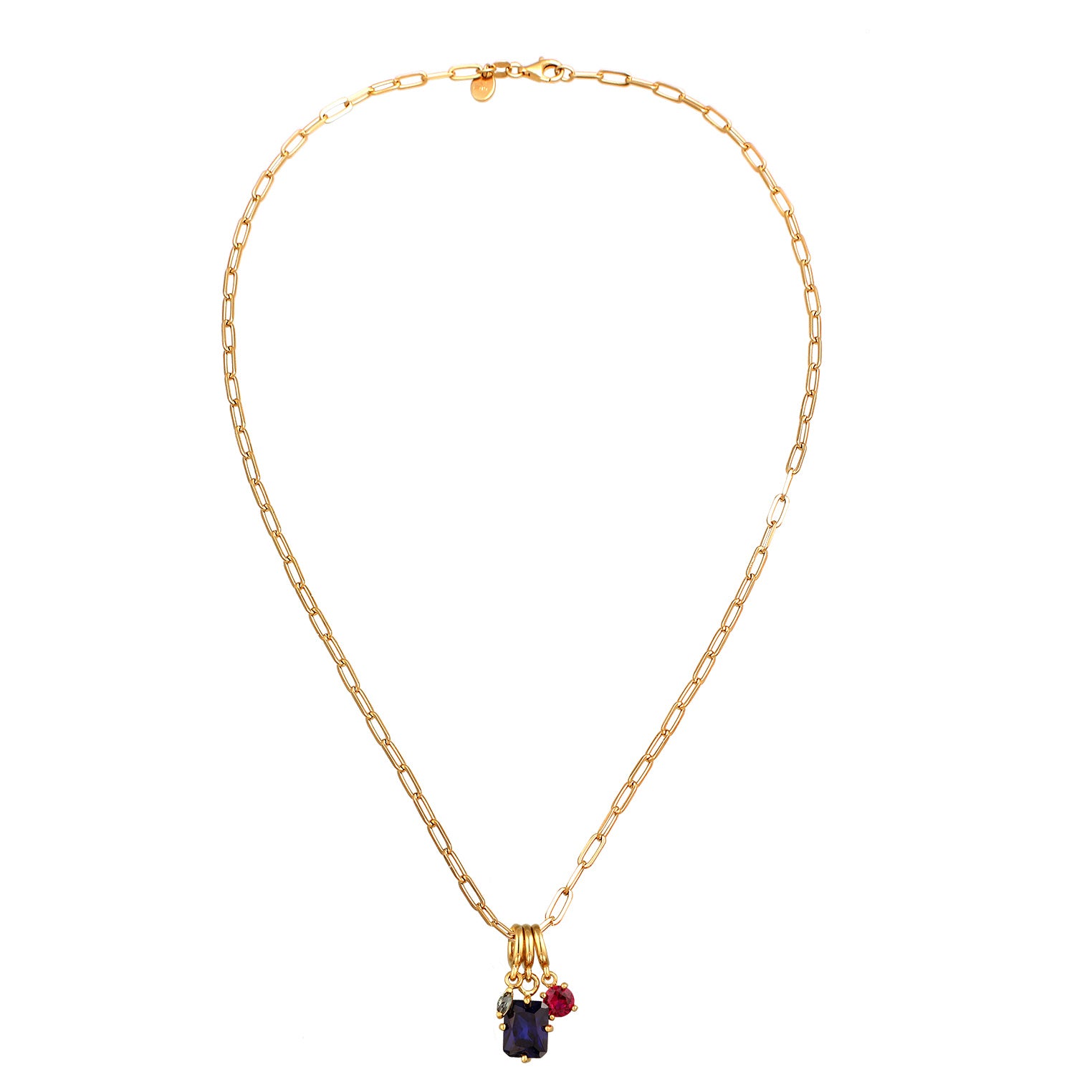 Gold Kalung Perhiasan Perak 925 Wanita Square Sapphire Tourmaline and Ruby Gold Plated