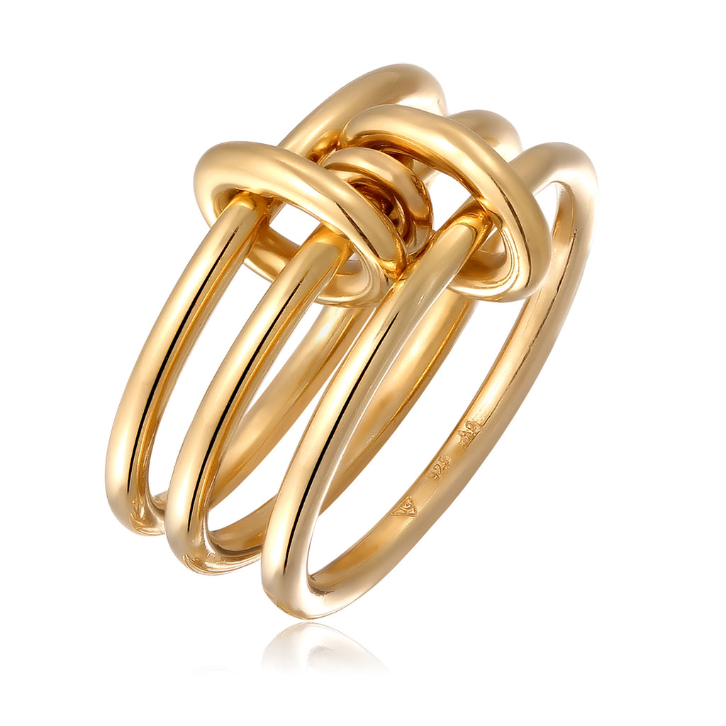 Triple Band Interlocking Detail Ring 925 Silver Gold Plated