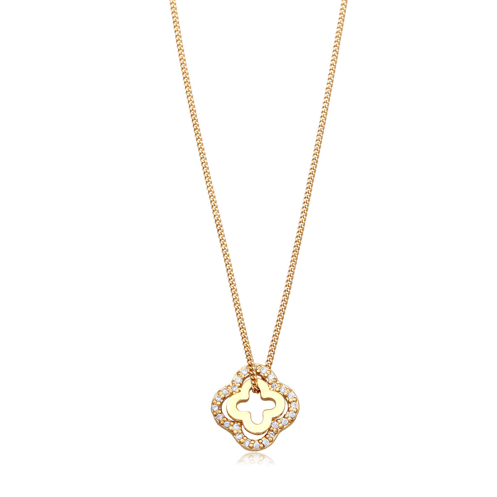 Gold Kalung Perhiasan Perak 925 Wanita Zirconia Cloverleaf Gold Plated