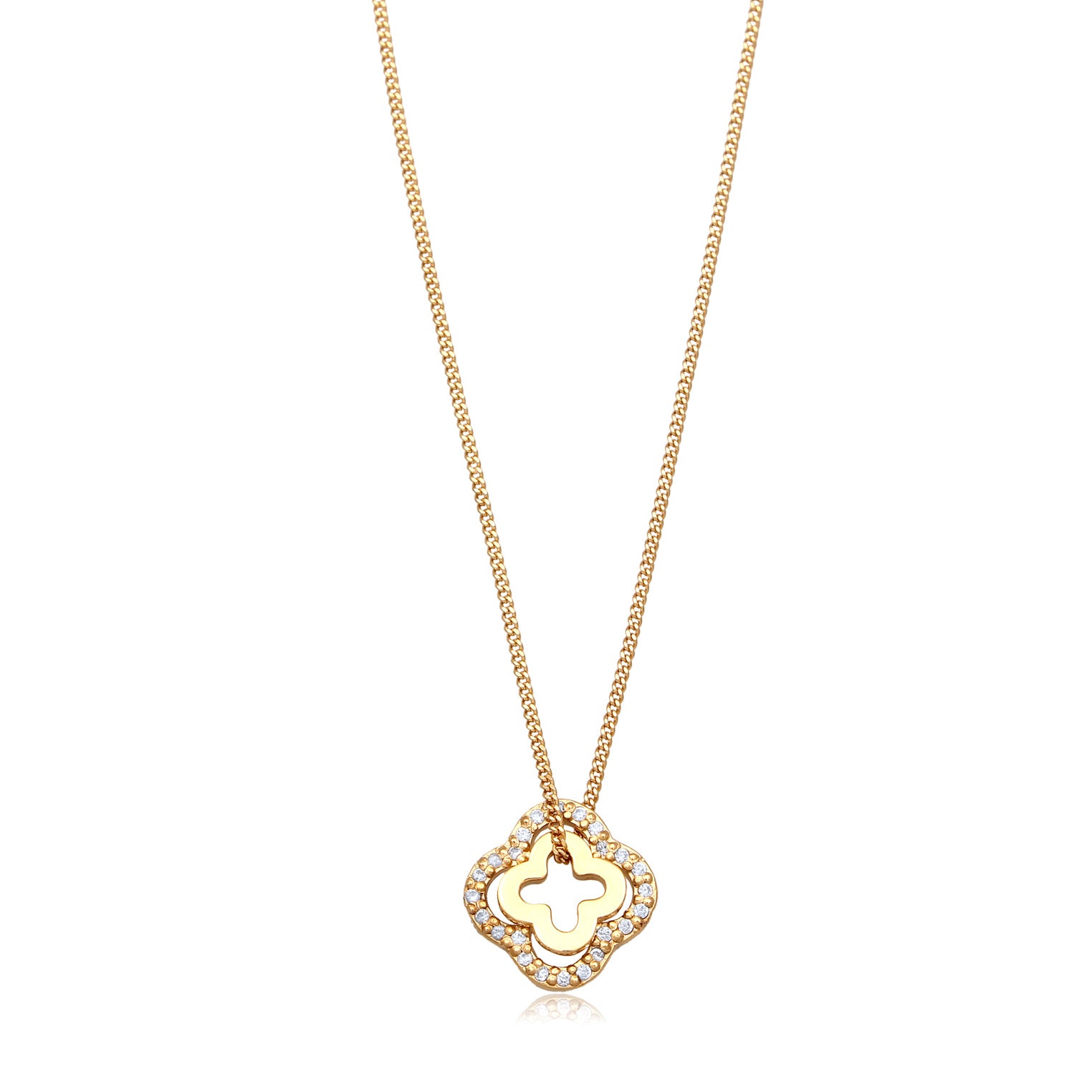Gold Kalung Perhiasan Perak 925 Wanita Zirconia Cloverleaf Gold Plated