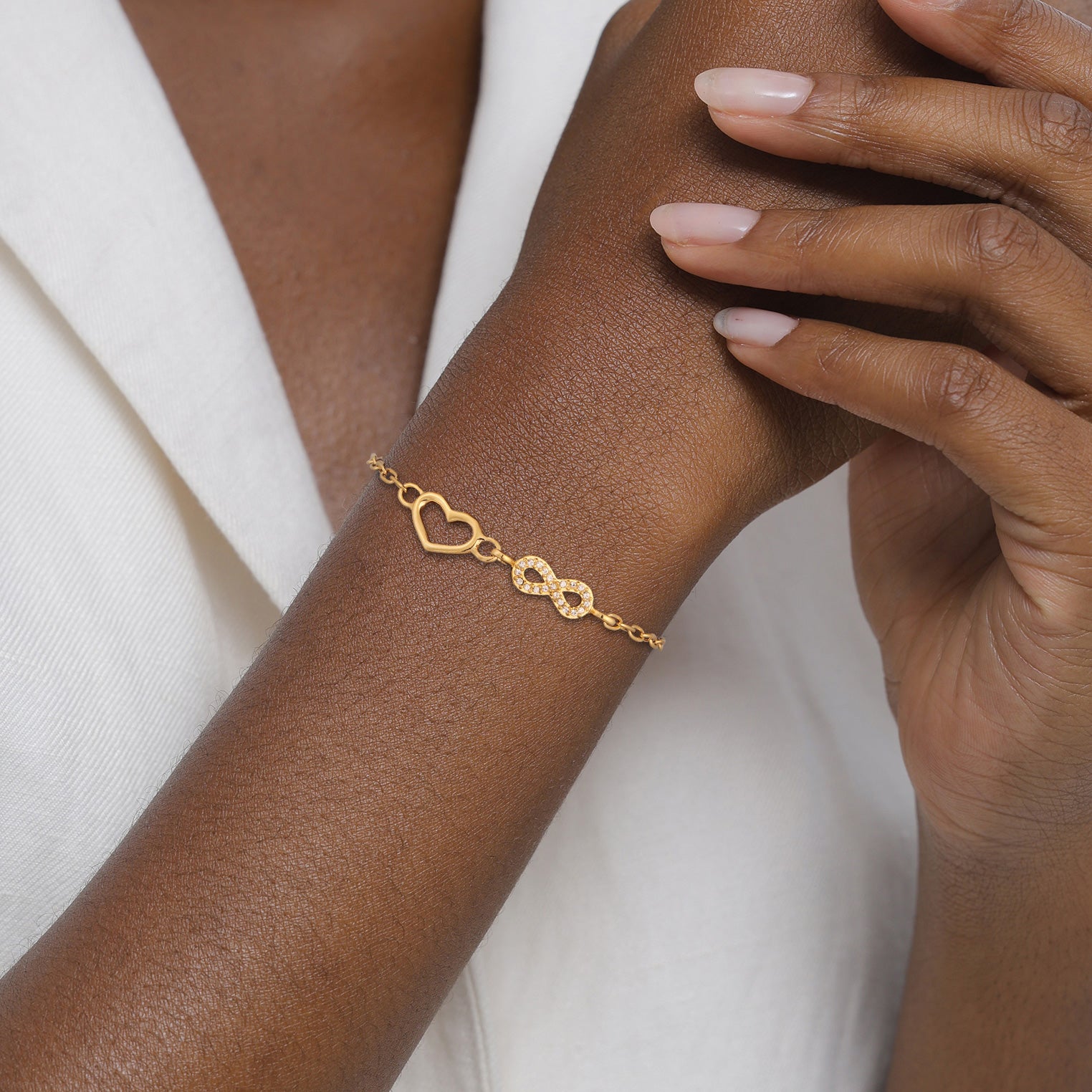 Gold Perhiasan Wanita Perak Asli Lapis Emas Gelang Heart Link Crystals