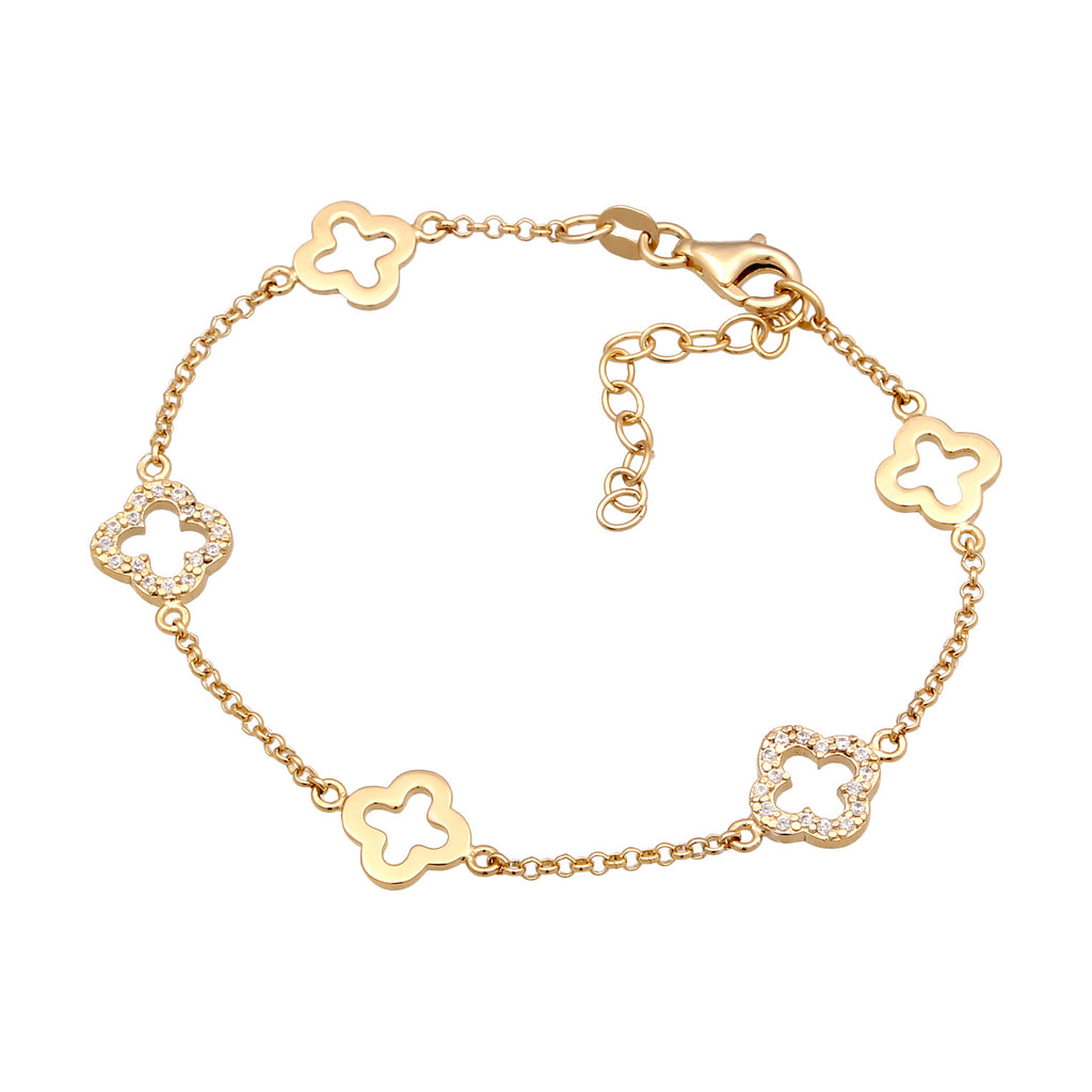 Gold Perhiasan Wanita Perak Asli Lapis Emas Gelang Cloverleaf Zirconia