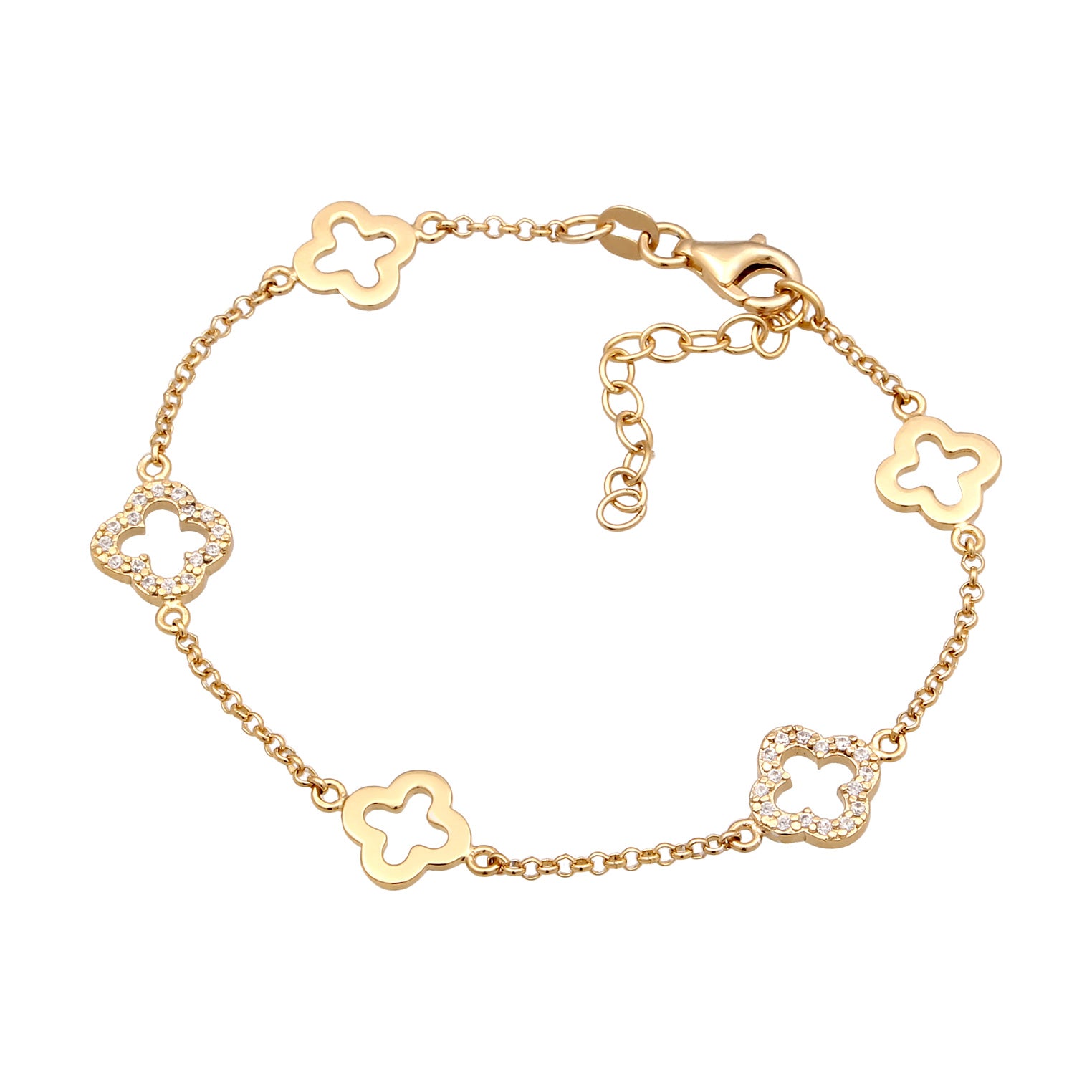 Gold Perhiasan Wanita Perak Asli Lapis Emas Gelang Cloverleaf Zirconia