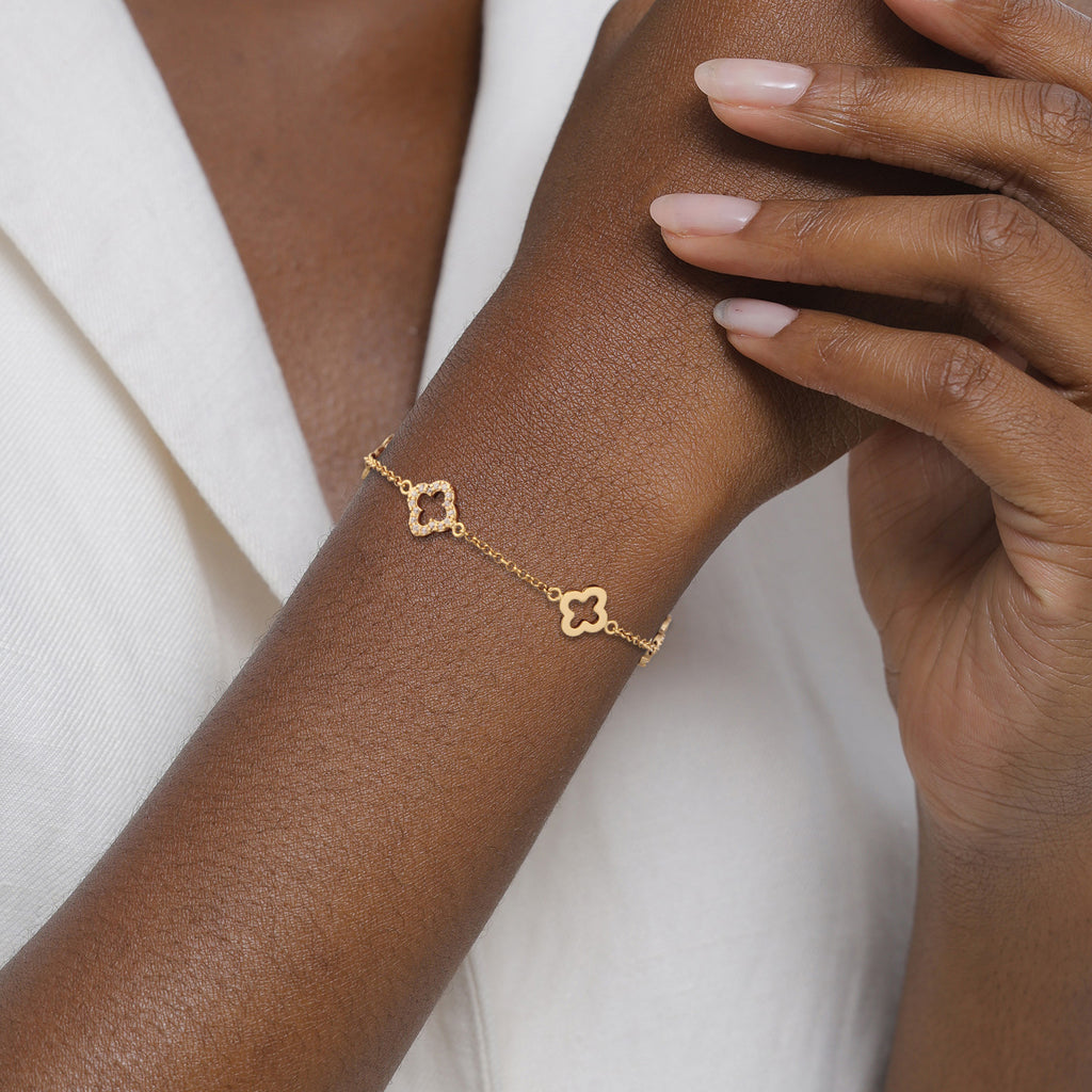 Gold Perhiasan Wanita Perak Asli Lapis Emas Gelang Cloverleaf Zirconia
