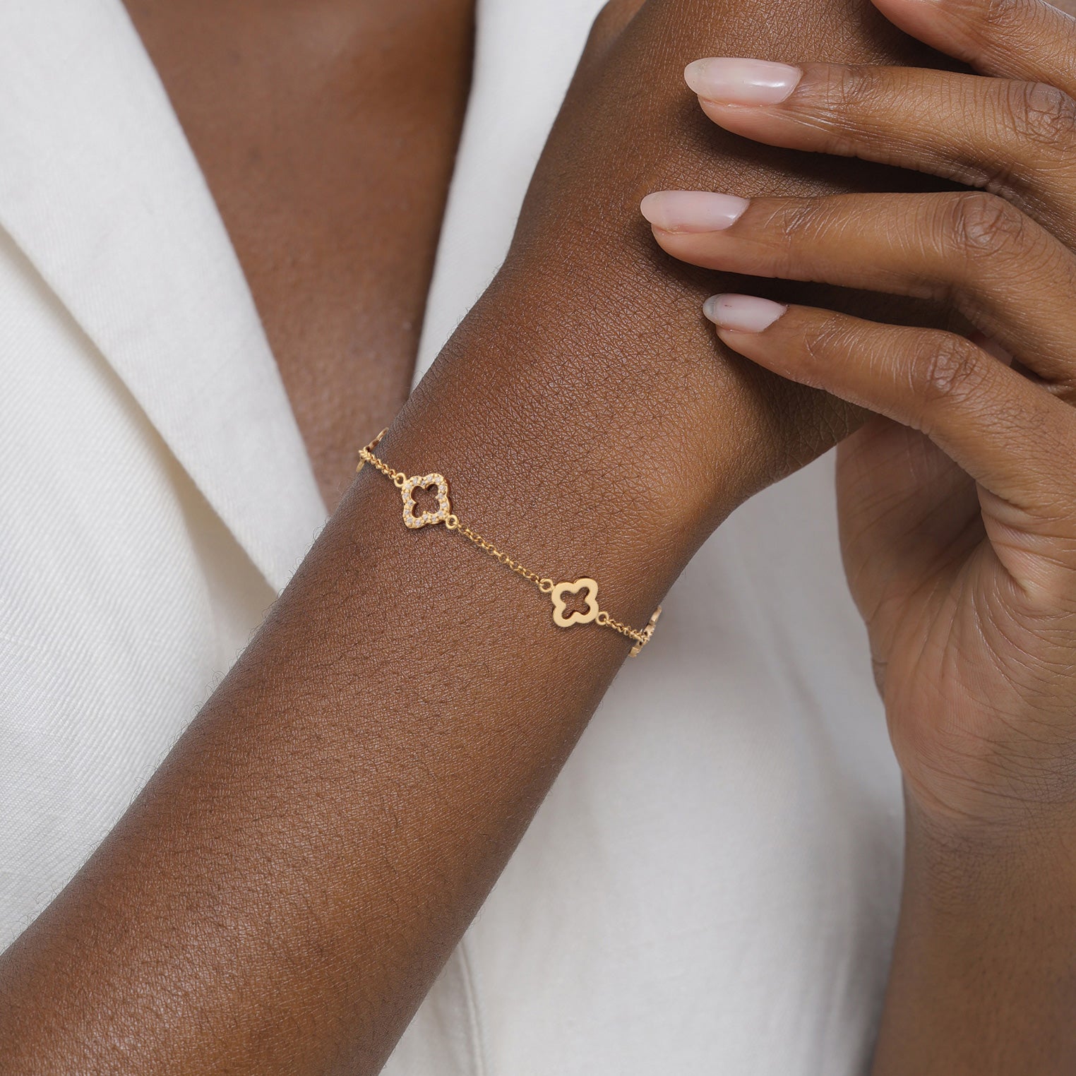 Gold Perhiasan Wanita Perak Asli Lapis Emas Gelang Cloverleaf Zirconia