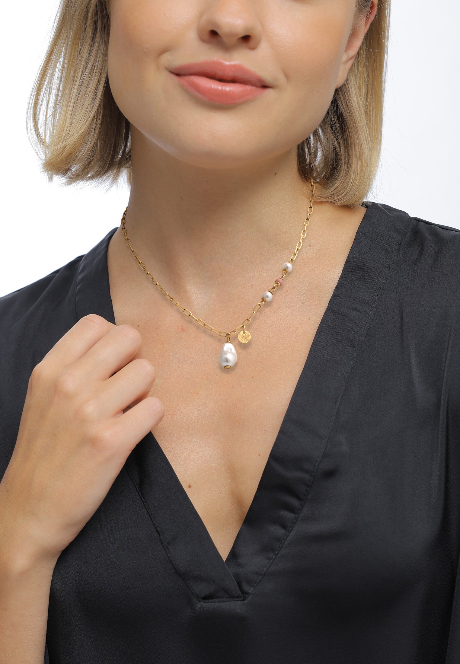 Gold Kalung Perhiasan Perak 925 Wanita Shell Pearl Rhodonite Gold Plated