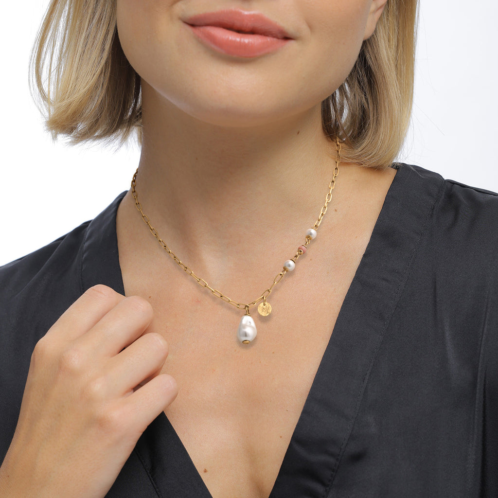 Gold - Elli PREMIUM | Baroque Pearl Drop Necklace 925 Silver Gold Plated Pink Rhodonite