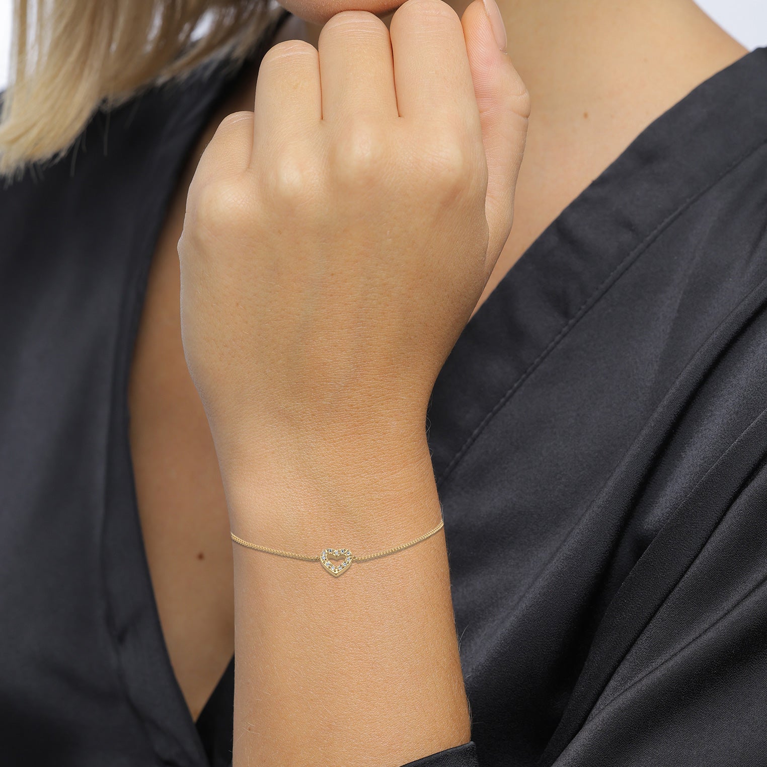 Gold Perhiasan Wanita Perak Asli Lapis Emas Gelang Heart dengan Crystals