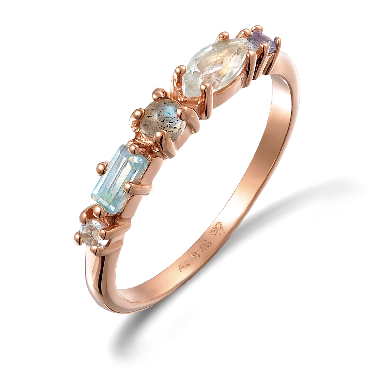 Rosegold Perhiasan Wanita Perak Asli Cincin Memoire Classic Topaz, Moonstone And Amethyst Rosegold Plated