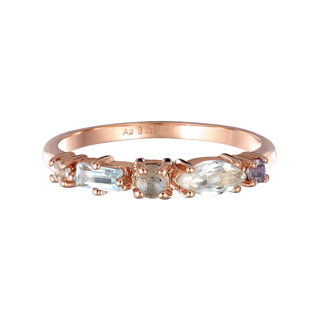 Rosegold Perhiasan Wanita Perak Asli Cincin Memoire Classic Topaz, Moonstone And Amethyst Rosegold Plated