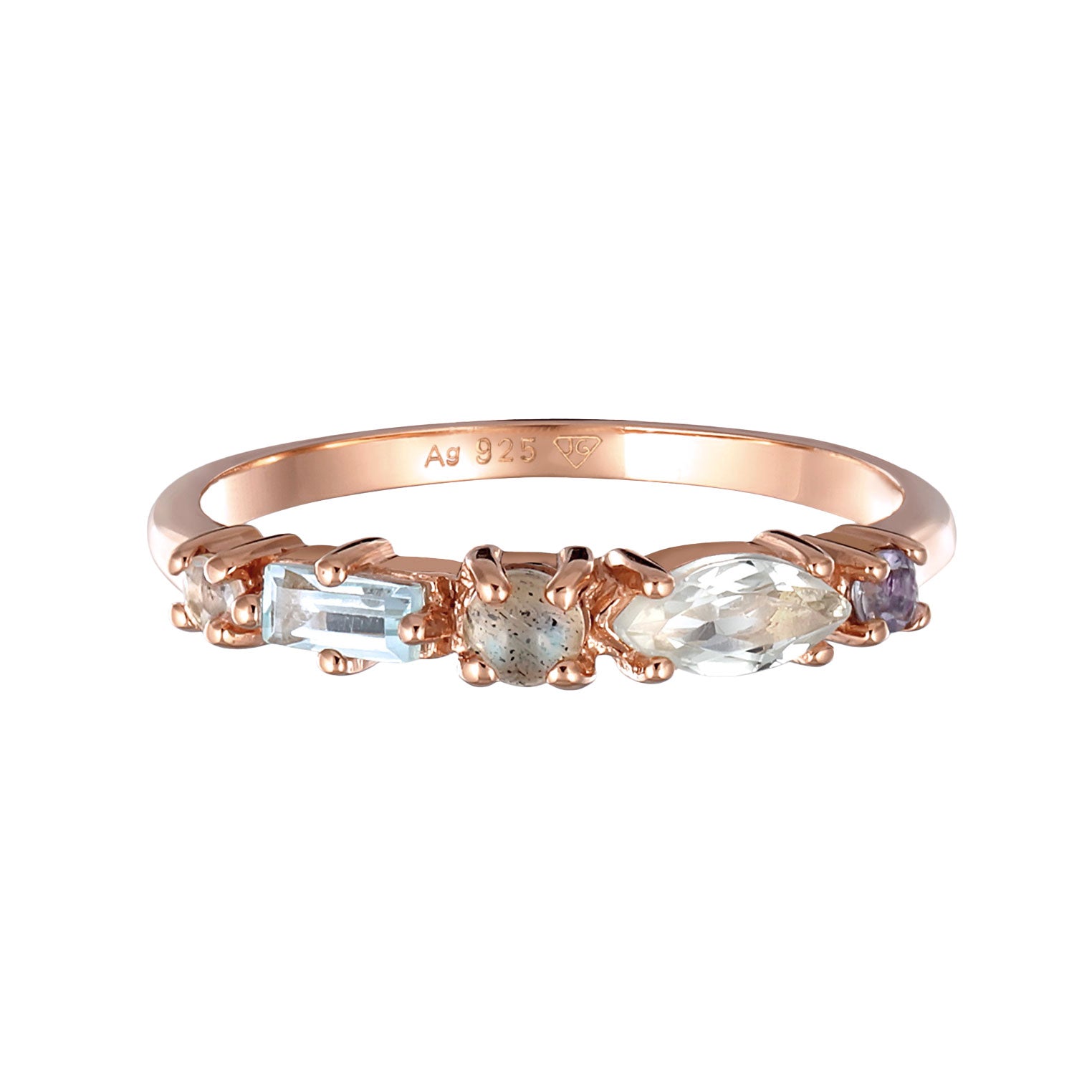 Rosegold Perhiasan Wanita Perak Asli Cincin Memoire Classic Topaz, Moonstone And Amethyst Rosegold Plated