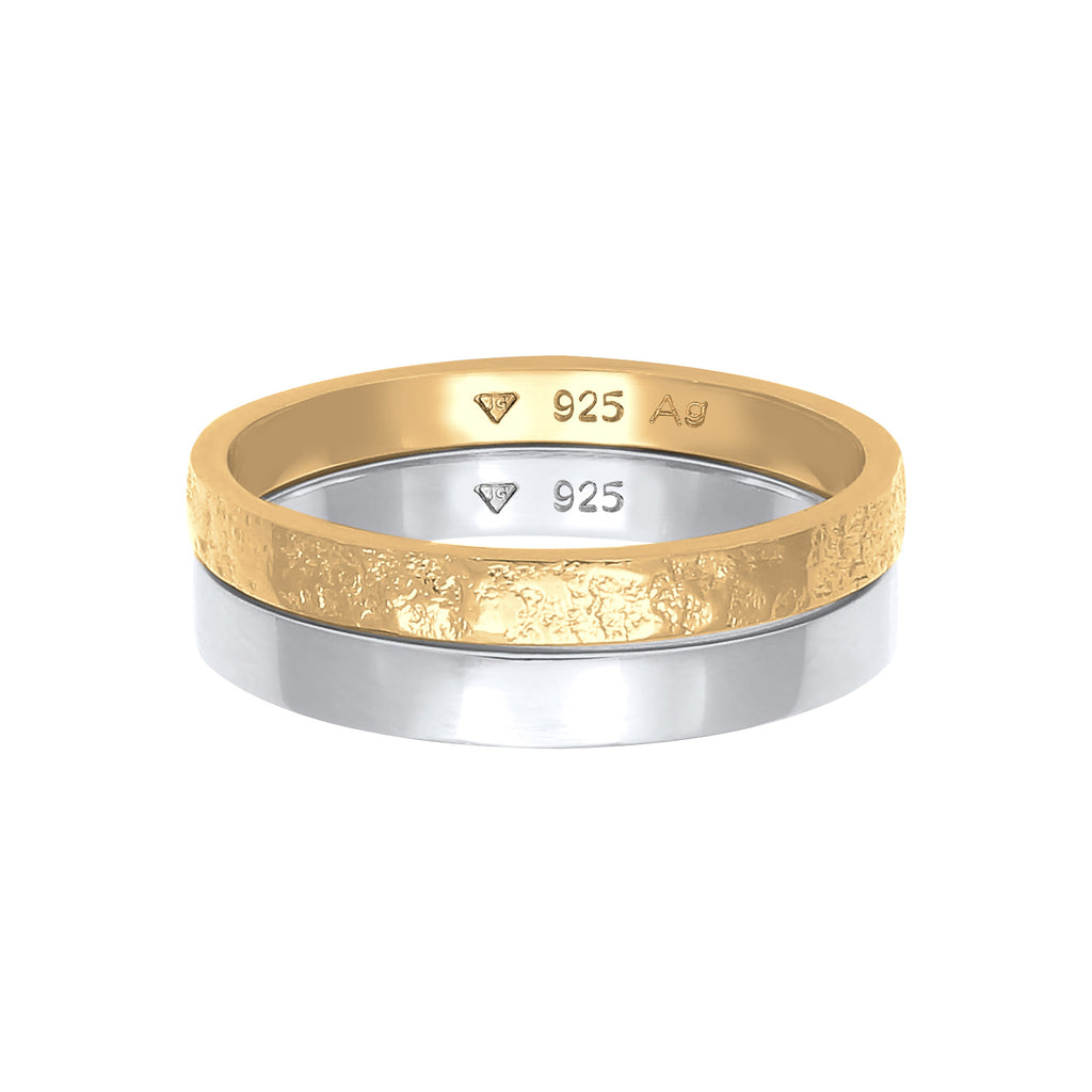 Bicolor Cincin Perhiasan Perak 925 Wanita Set Basic Look Hammered Combinable Bicolor