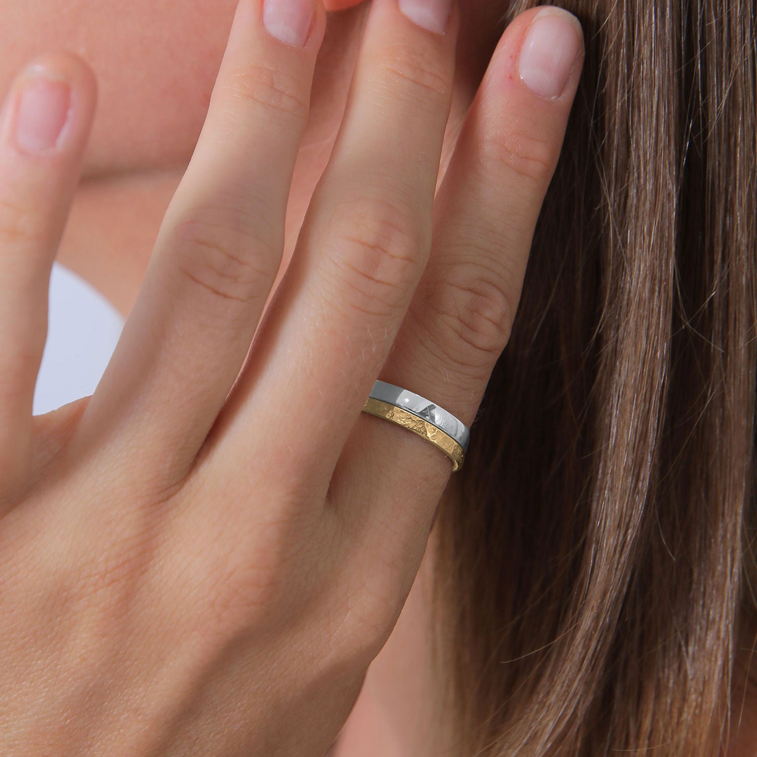 Bicolor Cincin Perhiasan Perak 925 Wanita Set Basic Look Hammered Combinable Bicolor