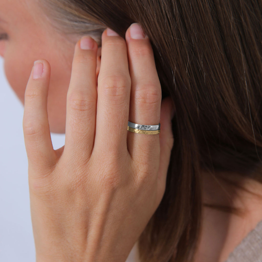 Bicolor Cincin Perhiasan Perak 925 Wanita Set Basic Look Hammered Combinable Bicolor