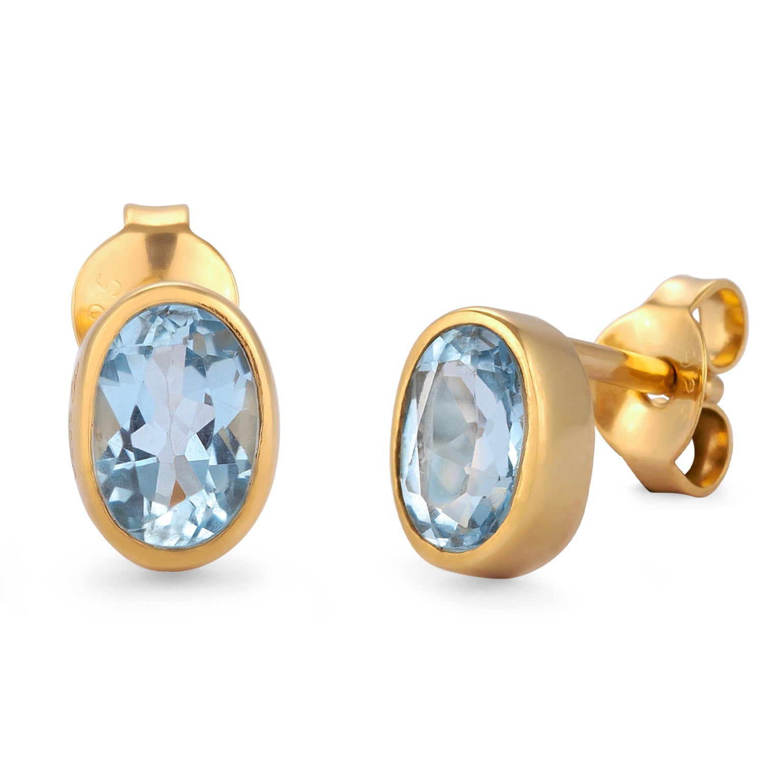 Gold Perhiasan Wanita Perak Asli Lapis Emas Anting Stud Oval Light Blue Topaz