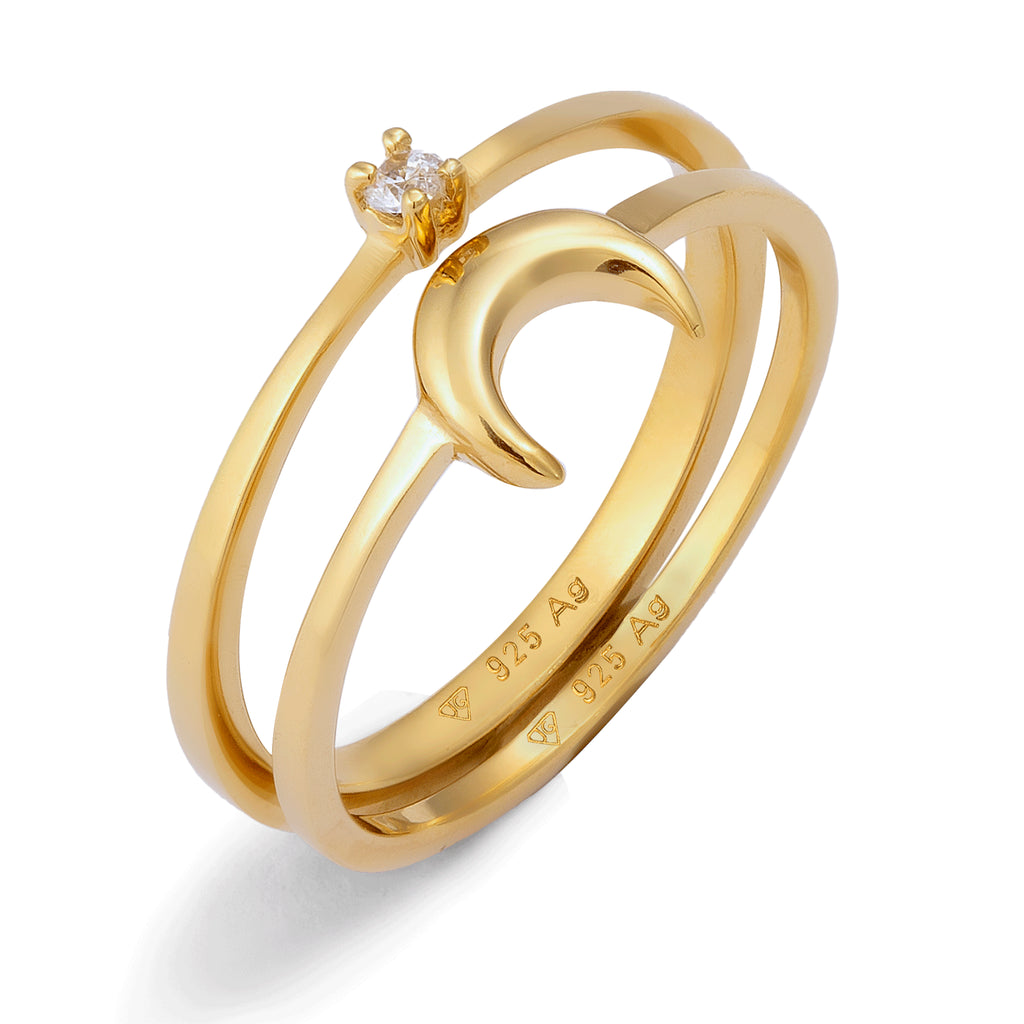 Ring Set Crescent Moon Zirconia White 925 Sterling Silver Gold Plated