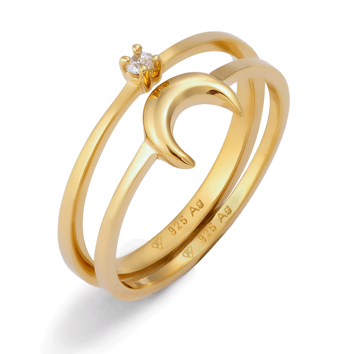 Gold - Elli | Ring Set Crescent Moon Zirconia White 925 Sterling Silver Gold Plated