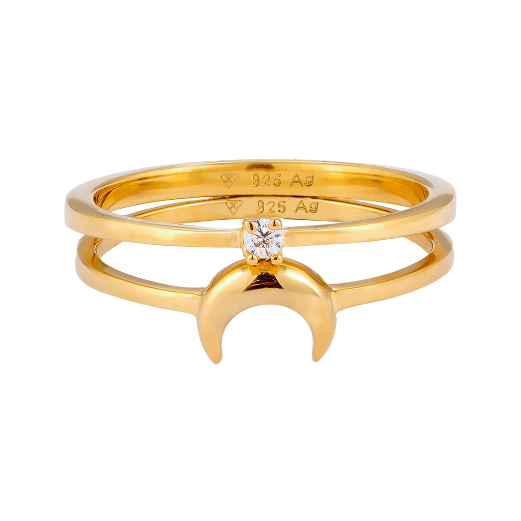 Crescent Moon Ring Set 925 Silver Gold Plated