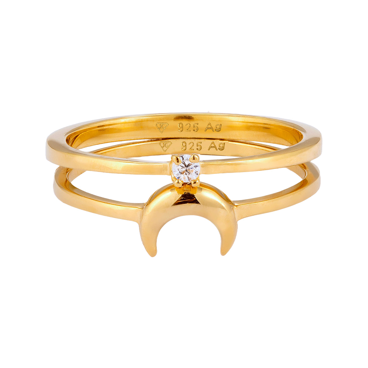 Gold - Elli | Ring Set Crescent Moon Zirconia White 925 Sterling Silver Gold Plated