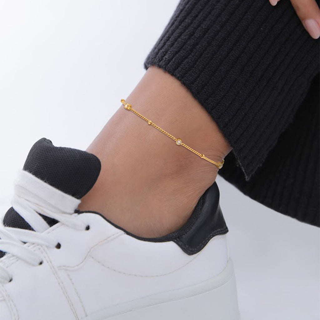 Gold Perhiasan Wanita Perak Asli Lapis Emas Gelang Kaki Ballchain Crystals