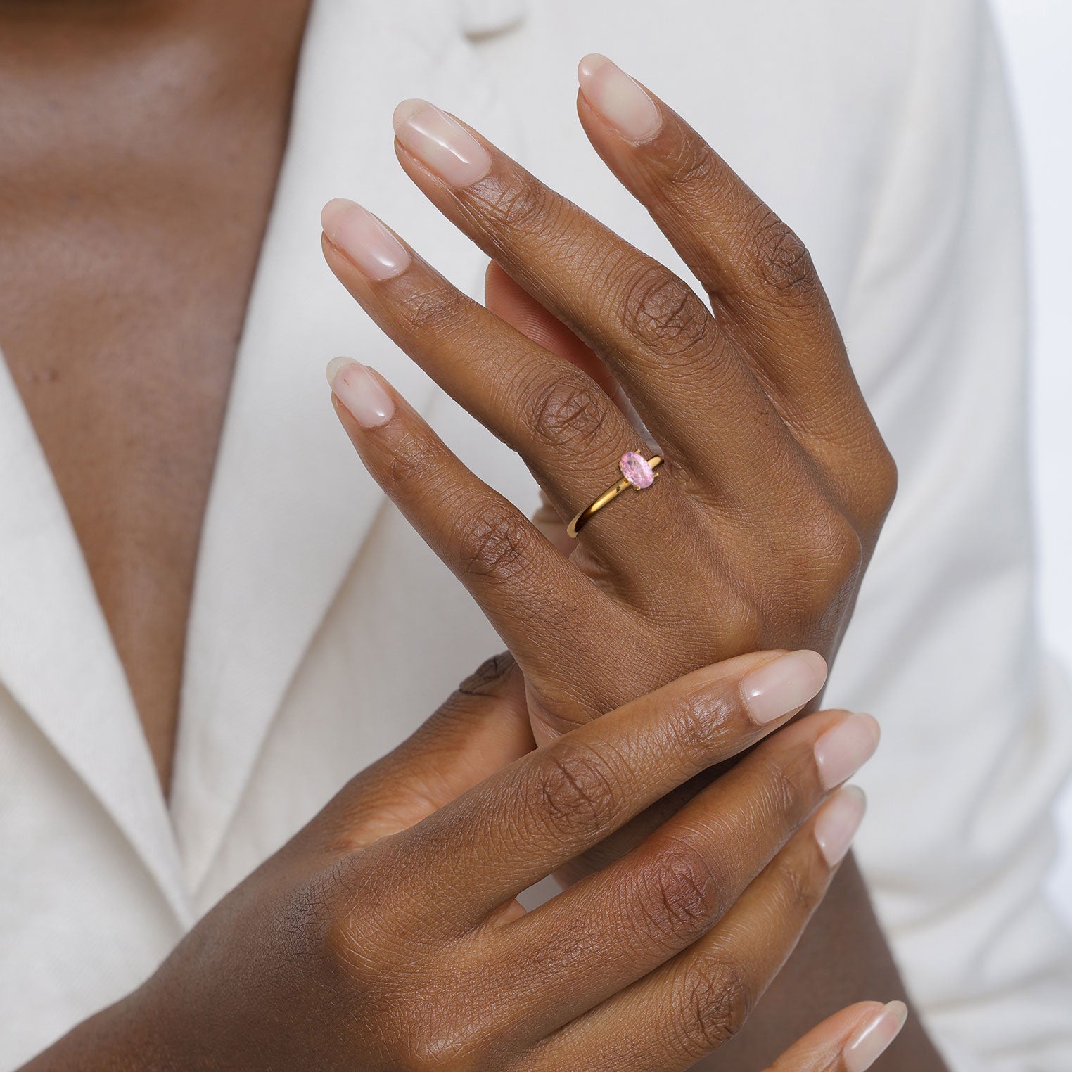 Gold Cincin Perhiasan Perak 925 Wanita Oval Pink Zirconia Gold Plated