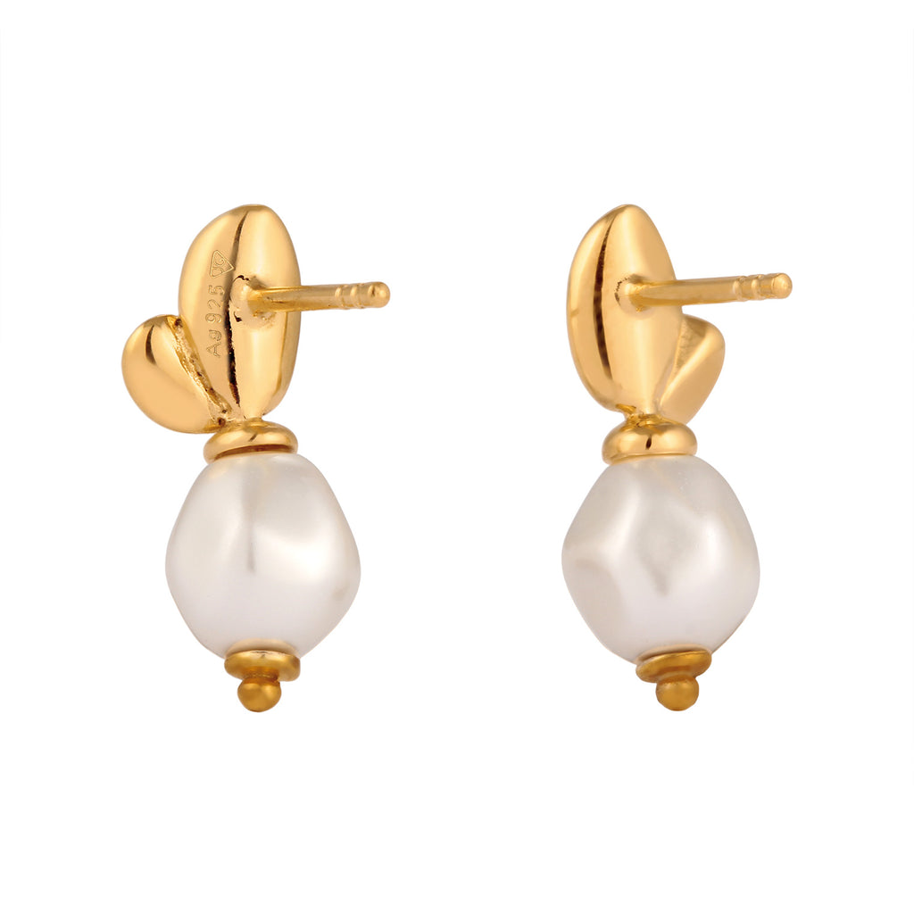 Gold Perhiasan Wanita Perak Asli Lapis Emas Anting Bunga Synthetic Pearl