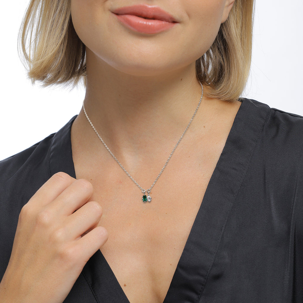Silver - Elli PREMIUM | Twin Stone Necklace 925 Silver Green Synthetic Emerald White Zirconia