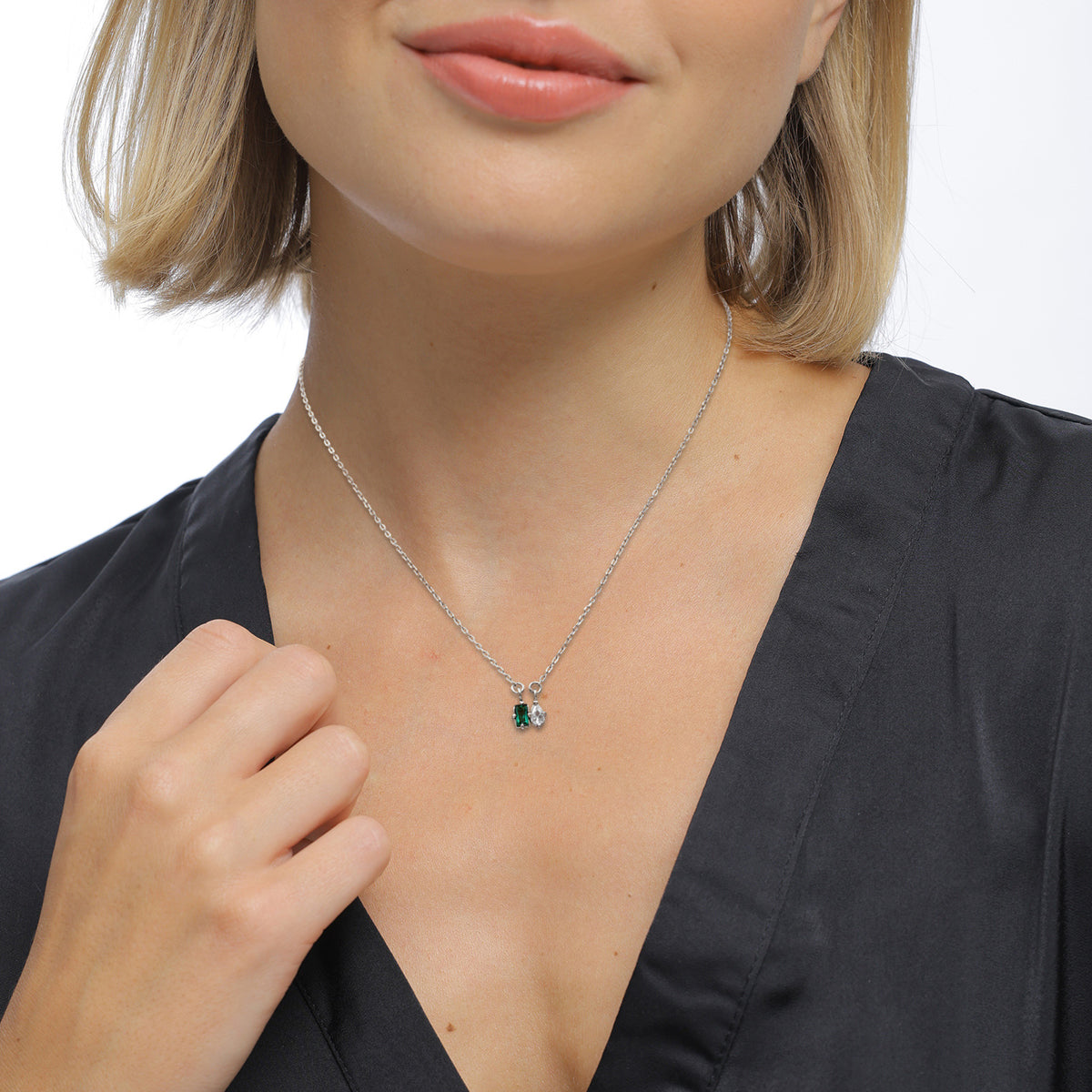 Silver - Elli PREMIUM | Twin Stone Necklace 925 Silver Green Synthetic Emerald White Zirconia