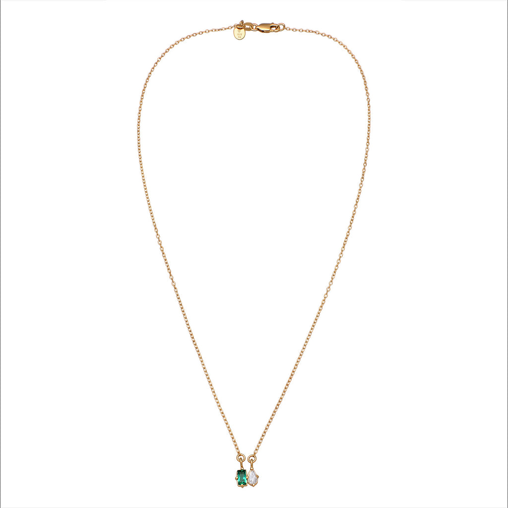 Gold Kalung Perhiasan Perak 925 Wanita Drop dengan Synthetic Emerald dan Zirconia Gold Plated
